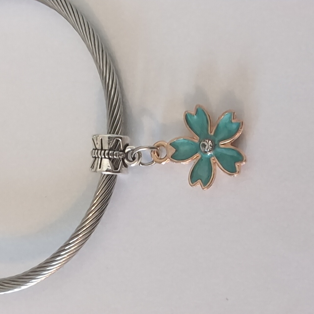 Gold with Blue Enamel Flower Dangle‎ Charm for Pandora Style Bracelet